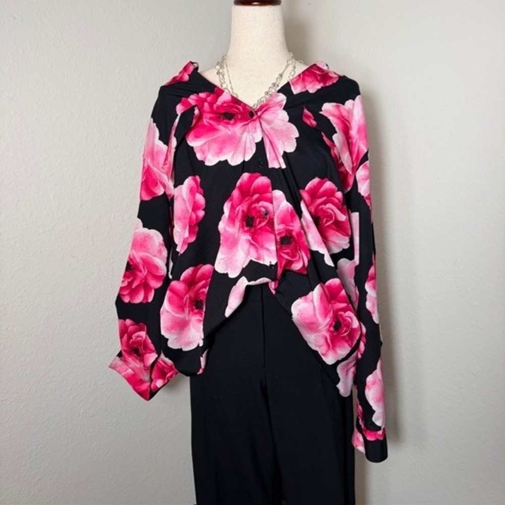 Calvin Klein Black Pink Floral Button Down Long Sleeve Blouse Plus Size 2XL